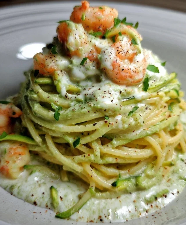SPAGHETTI CON CREMA DI ZUCCHINE, STRACCIATELLA E GAMBERI