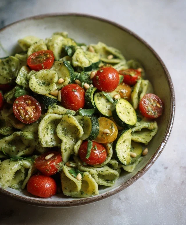 Pasta fredda con pesto di basilico, zucchine, pomodorini, olive e pinoli