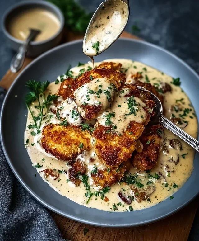 Knuspriges Parmesan-Hähnchen mit cremiger Knoblauchsoße