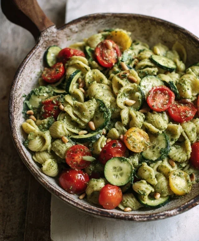 Pasta fredda con pesto di basilico, zucchine, pomodorini, olive e pinoli