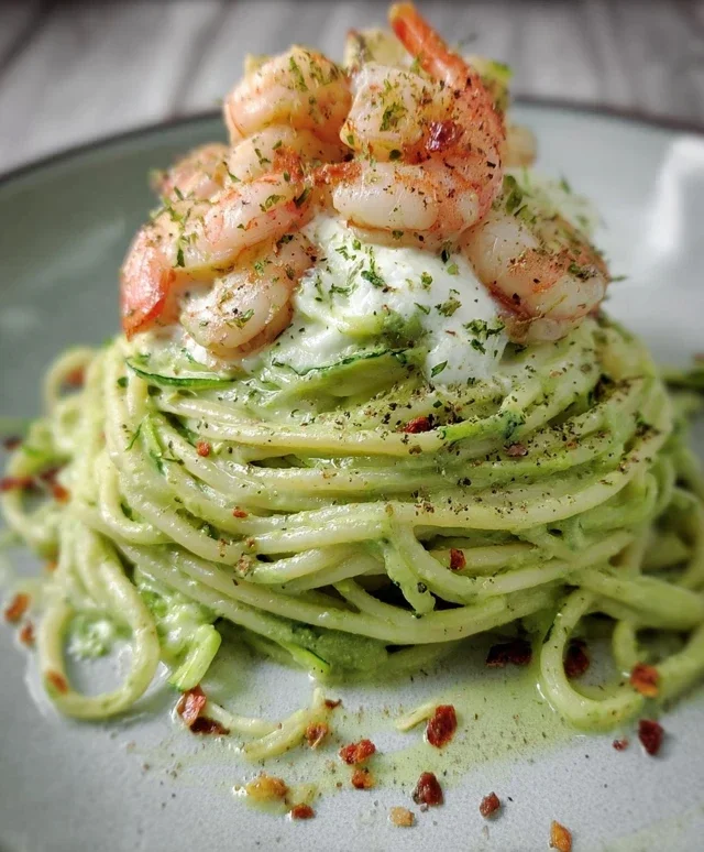 SPAGHETTI CON CREMA DI ZUCCHINE, STRACCIATELLA E GAMBERI