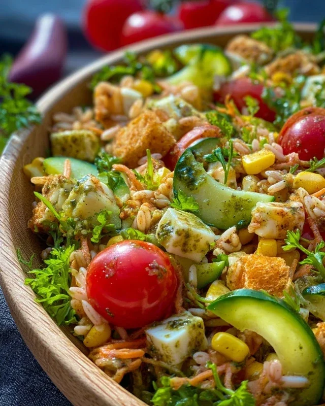Bunter Reissalat mit Pesto Dressing