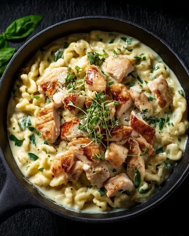 Spaetzle Pfanne Mit Haehnchen In Baerlauchrahm