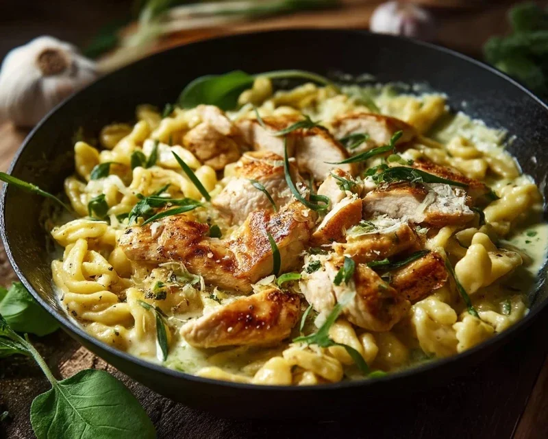 Spaetzle Pfanne Mit Haehnchen In Baerlauchrahm