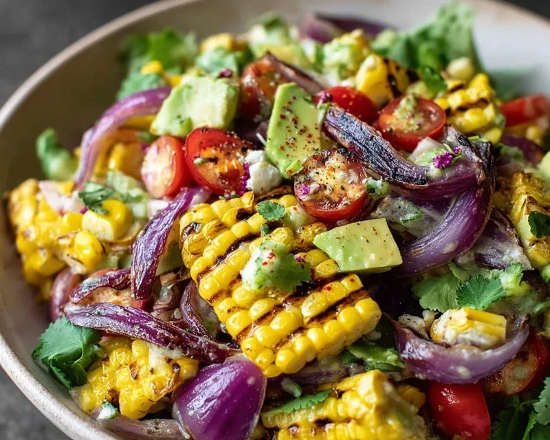 Charred Corn Avocado Salad with Roasted Red Onions