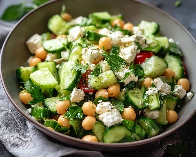 Gurkensalat mit Feta und Kichererbsen einfach zubereiten. - RezeptBrise
