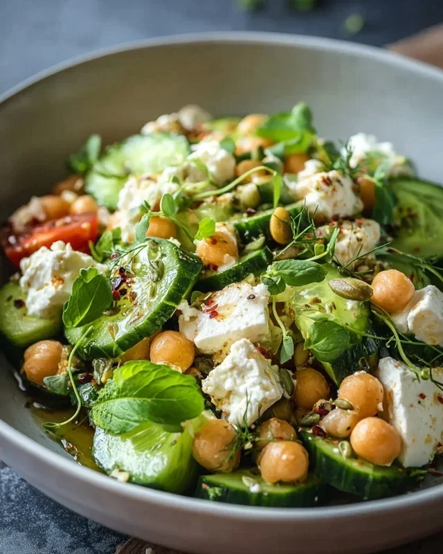 Gurkensalat mit Feta und Kichererbsen einfach zubereiten. - RezeptBrise