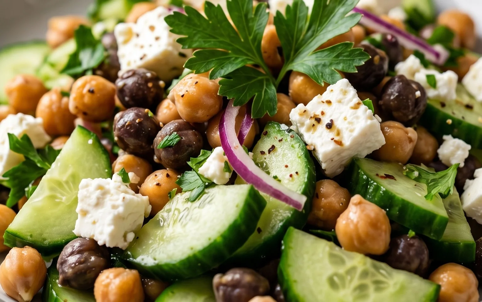 Gurkensalat mit Feta und Kichererbsen einfach zubereiten. - RezeptBrise