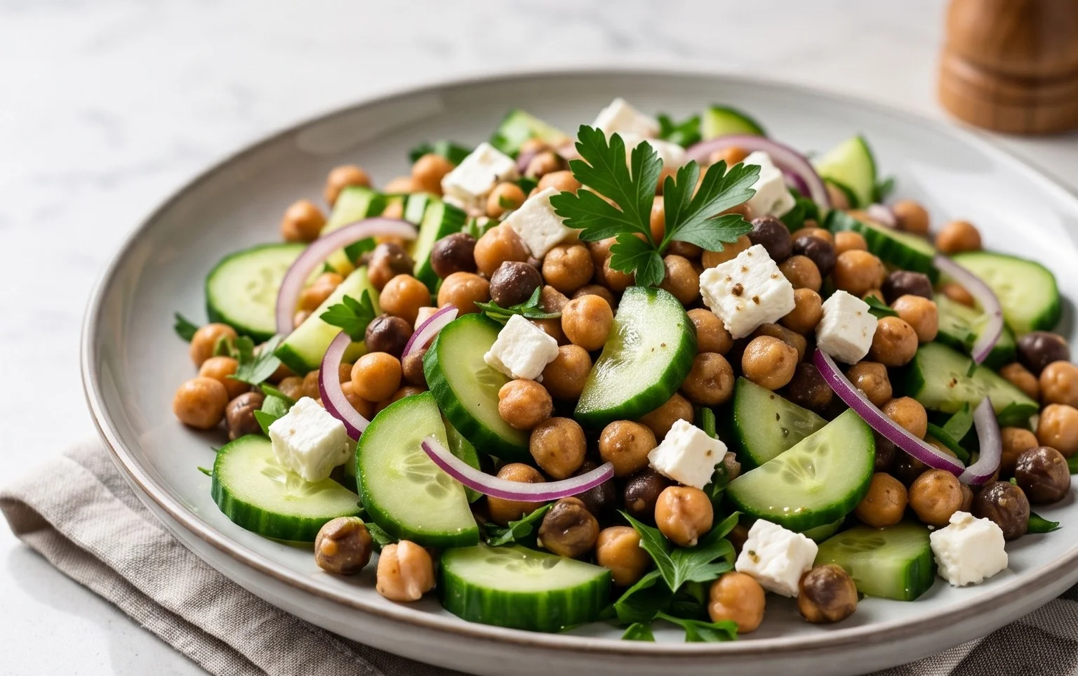 Gurkensalat mit Feta und Kichererbsen einfach zubereiten. - RezeptBrise
