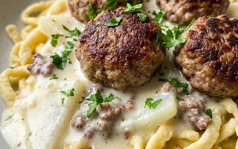 Kohlrabigemüse in heller Soße mit Frikadellen und Spätzle