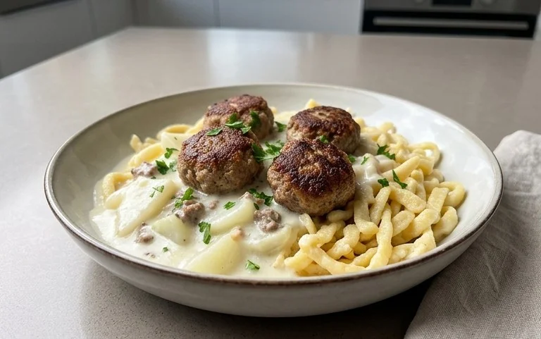 Kohlrabigemüse in heller Soße mit Frikadellen und Spätzle