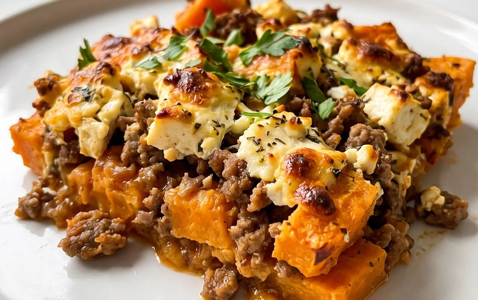 Süßkartoffel-Hackfleisch-Auflauf mit Feta