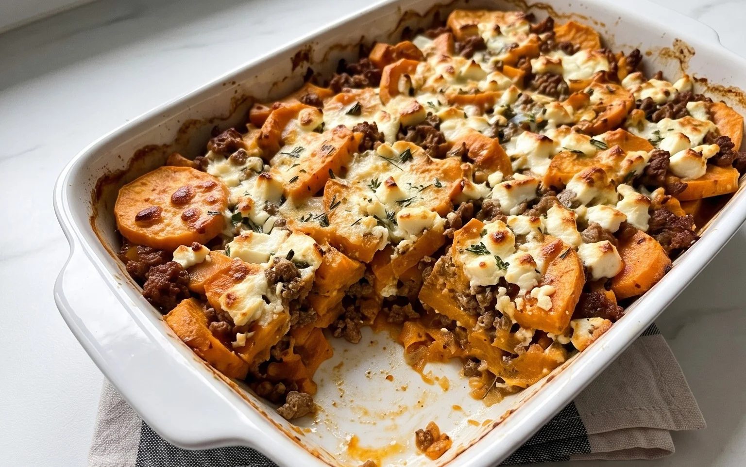 Süßkartoffel-Hackfleisch-Auflauf mit Feta