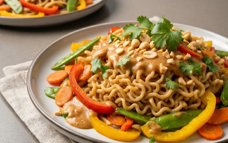 Mie Nudeln mit Erdnusssauce und Gemüse