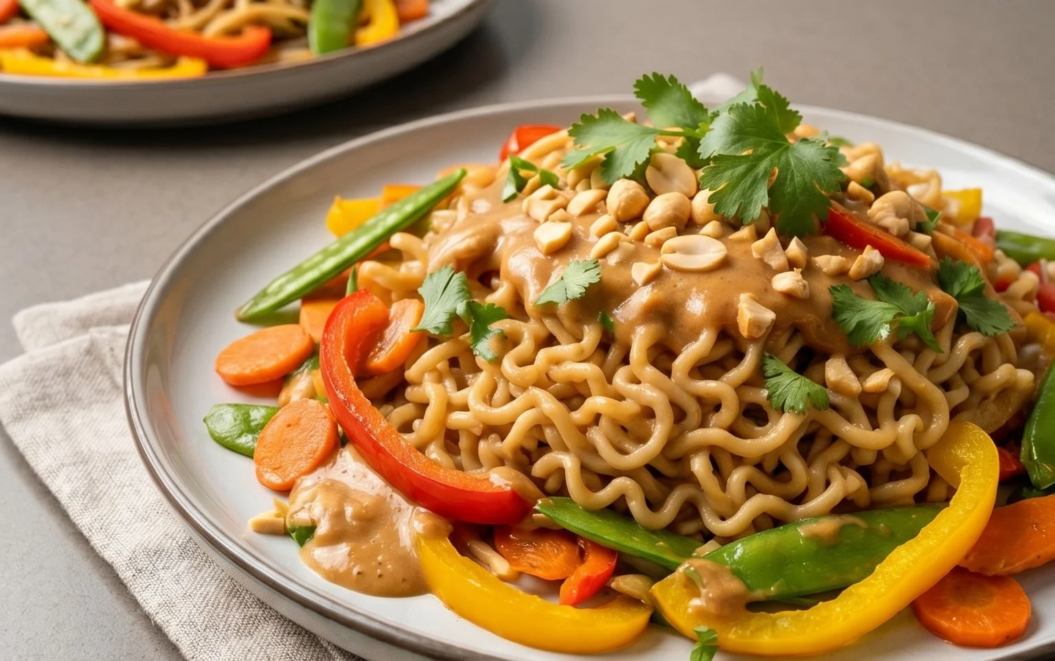 Mie Nudeln mit Erdnusssauce und Gemüse