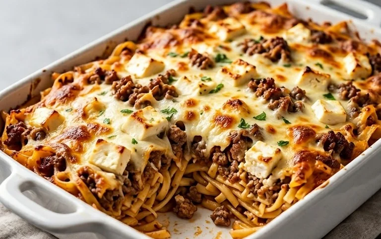 Griechischer Nudel-Auflauf mit Feta und Hackfleisch