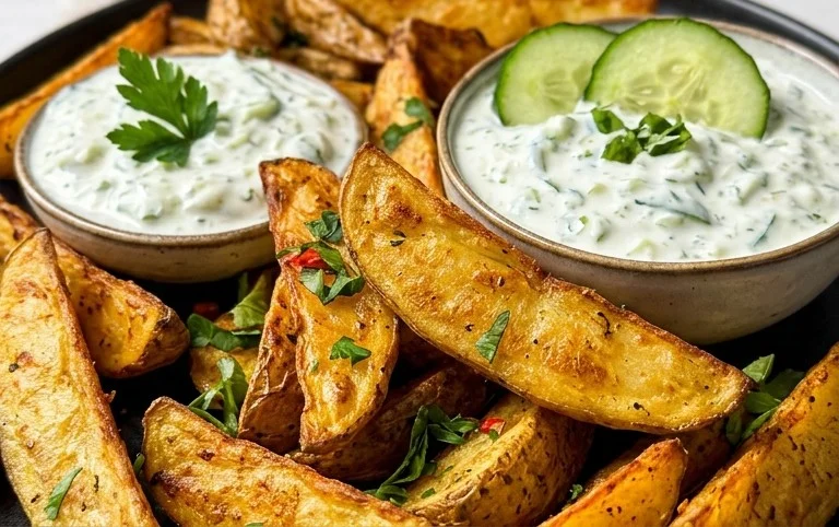 Kartoffelspalten mit Gurkendip