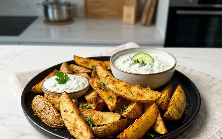 Kartoffelspalten mit Gurkendip