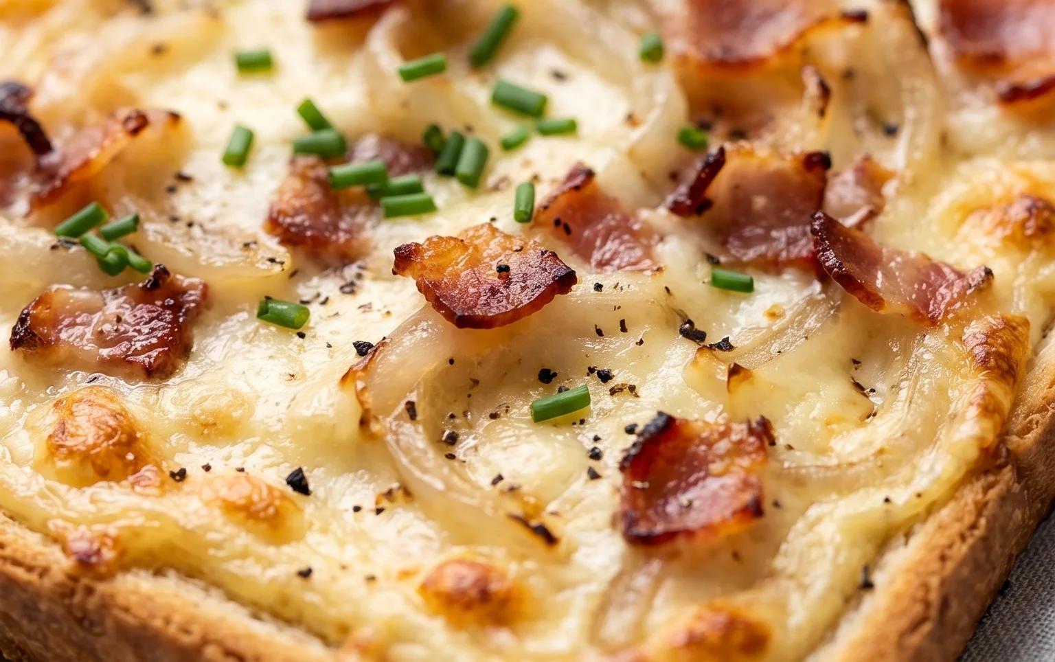 Flammkuchen Toast mit Speck und Zwiebeln