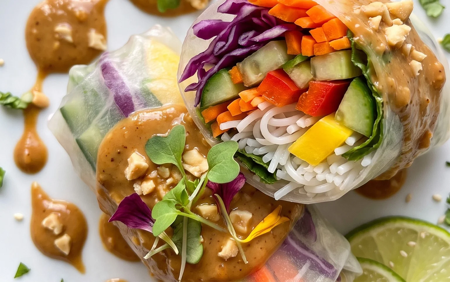 Rainbow Spring Rolls with Gin Extractger Peanut Sauce