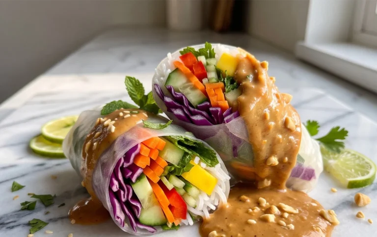 Rainbow Spring Rolls with Gin Extractger Peanut Sauce