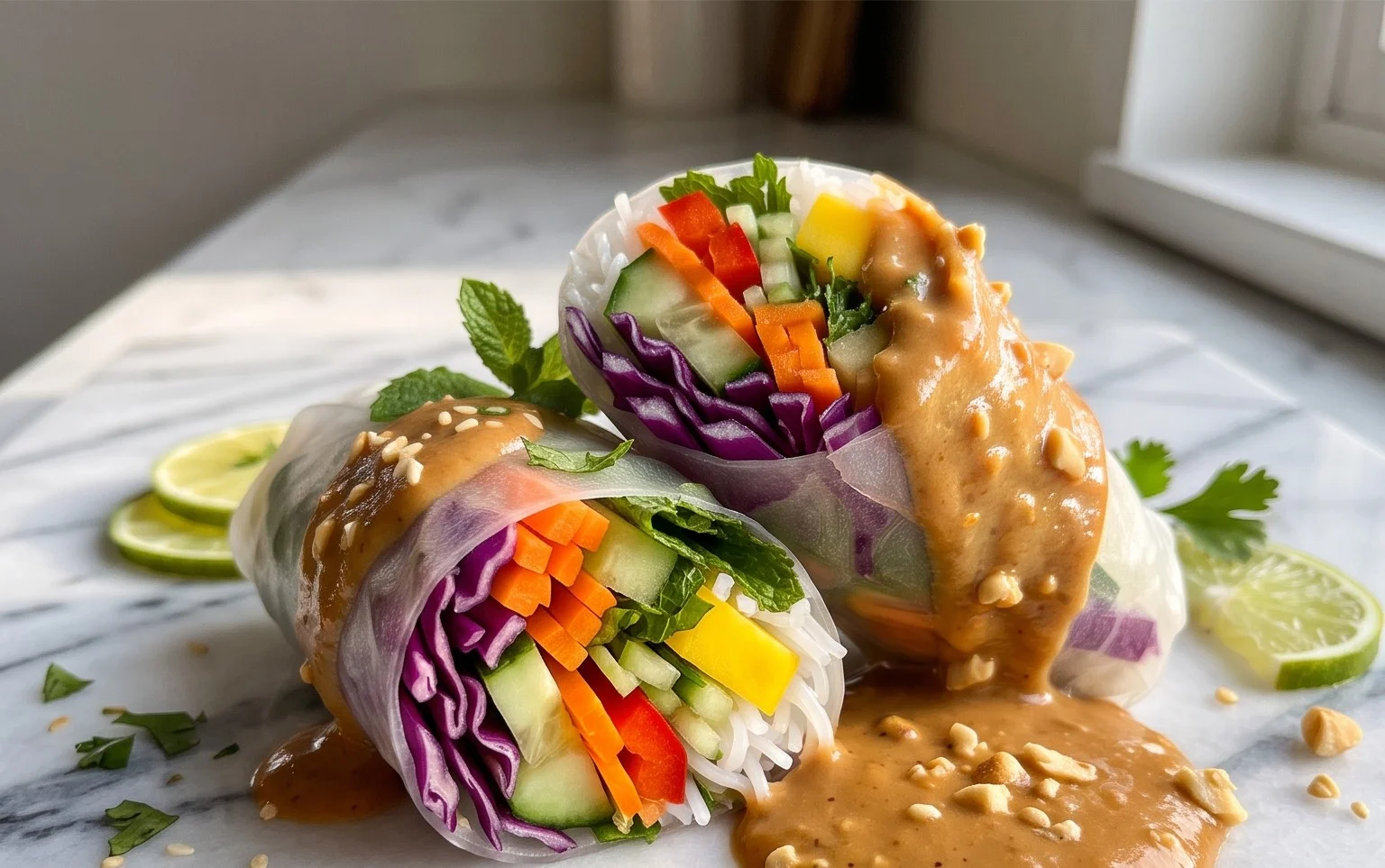 Rainbow Spring Rolls with Gin Extractger Peanut Sauce