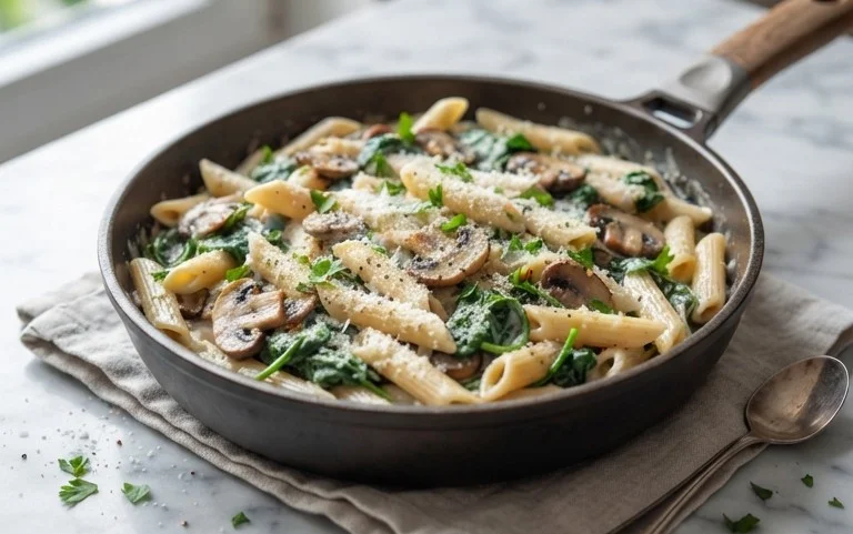 One-Pot Garlic Parmesan Pasta with Spinach and Mushrooms