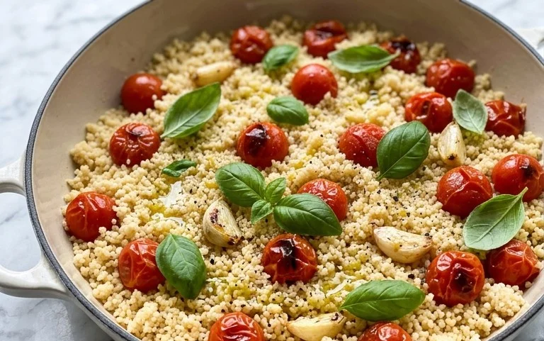 Healthy One-Pan Couscous With Garlic, Tomatoes And Basil