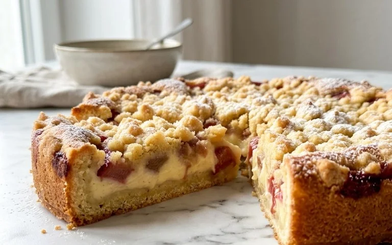 Rhabarberkuchen mit Pudding und Streuseln – wie von Oma