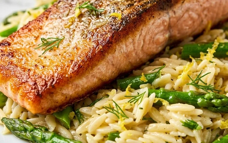 One Skillet Salmon with Lemon Orzo