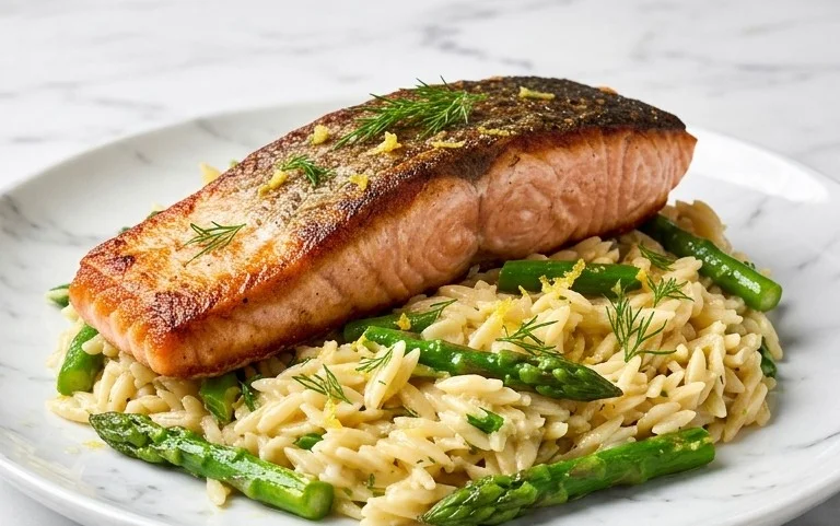 One Skillet Salmon with Lemon Orzo