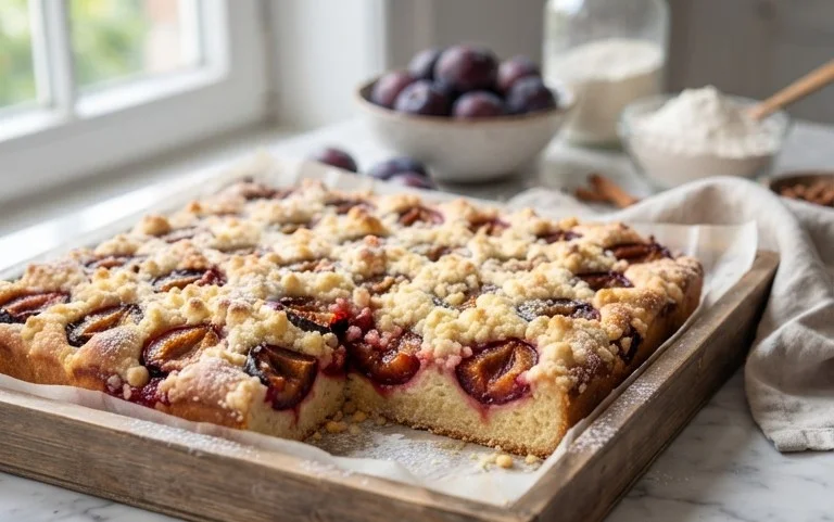 Rezept für Streusel-Pflaumenkuchen vom Blech mit Hefeteig